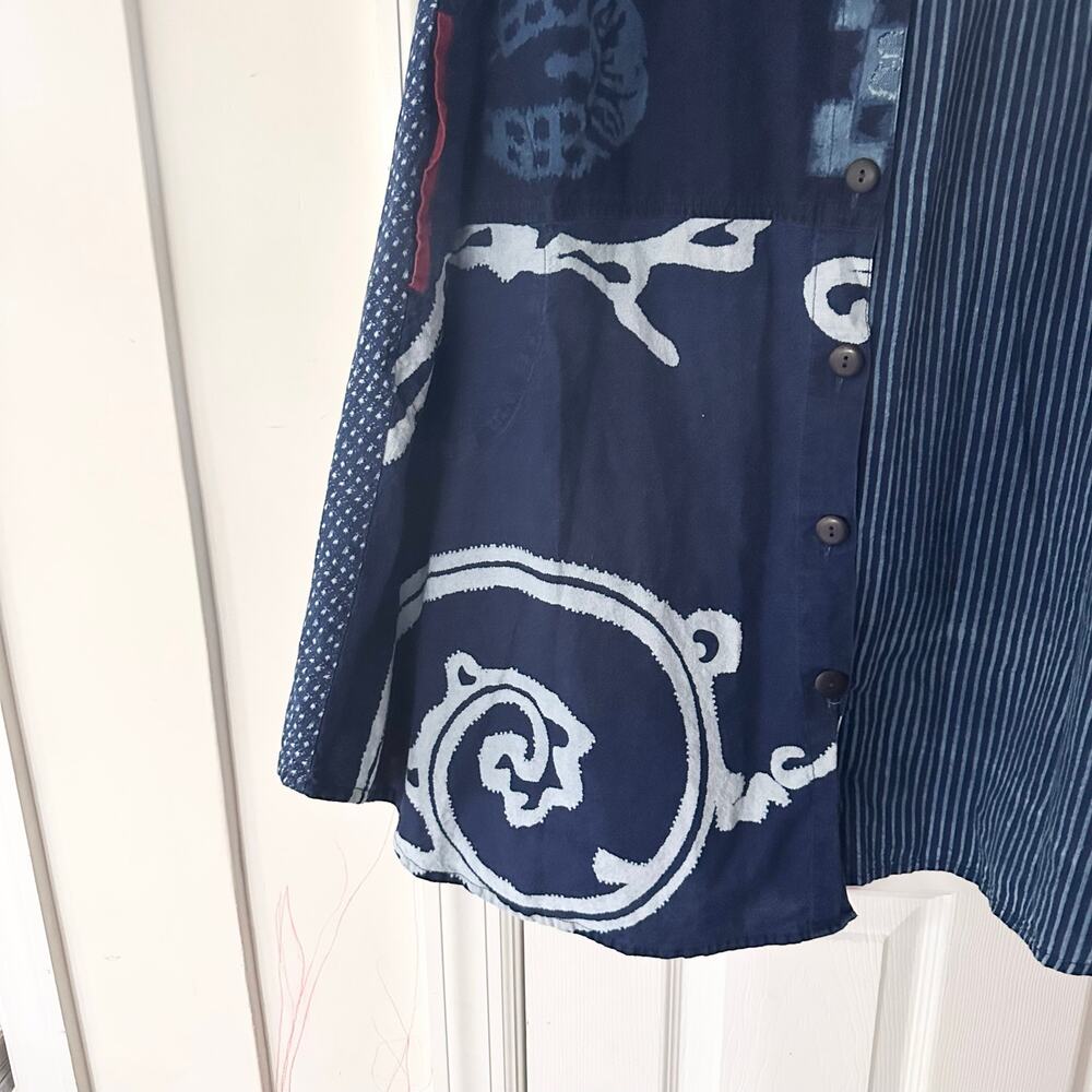 Mao Mom Thailand Artsy Abstract Lagenlook Blue Button Down Collared Swing Top OS - Picture 3 of 10